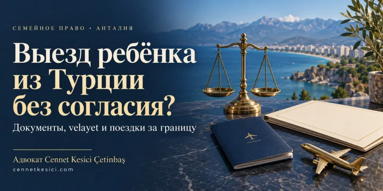 Весы правосудия, проездной документ и модель самолёта на фоне побережья Анталии — выезд ребёнка из Турции.