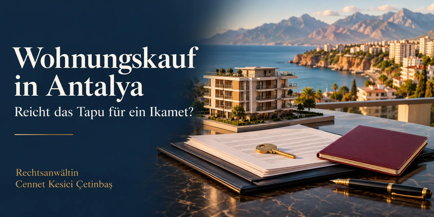 Wohnungsmodell, Schlüssel und Dokumente vor Antalyas Küste zum Ratgeber von Rechtsanwältin Cennet Kesici Çetinbaş über Wohnungskauf und Aufenthaltserlaubnis.